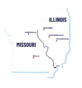 Missour and Illinois state map showing office locations for Kirksville and Rolla Missouri; Macomb, Jacksonville, and Taylorville Illinois