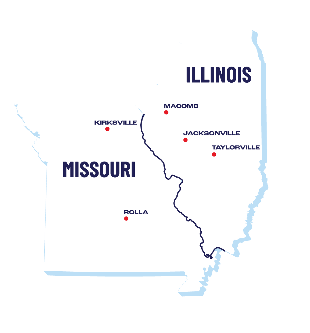 Missour and Illinois state map showing office locations for Kirksville and Rolla Missouri; Macomb, Jacksonville, and Taylorville Illinois
