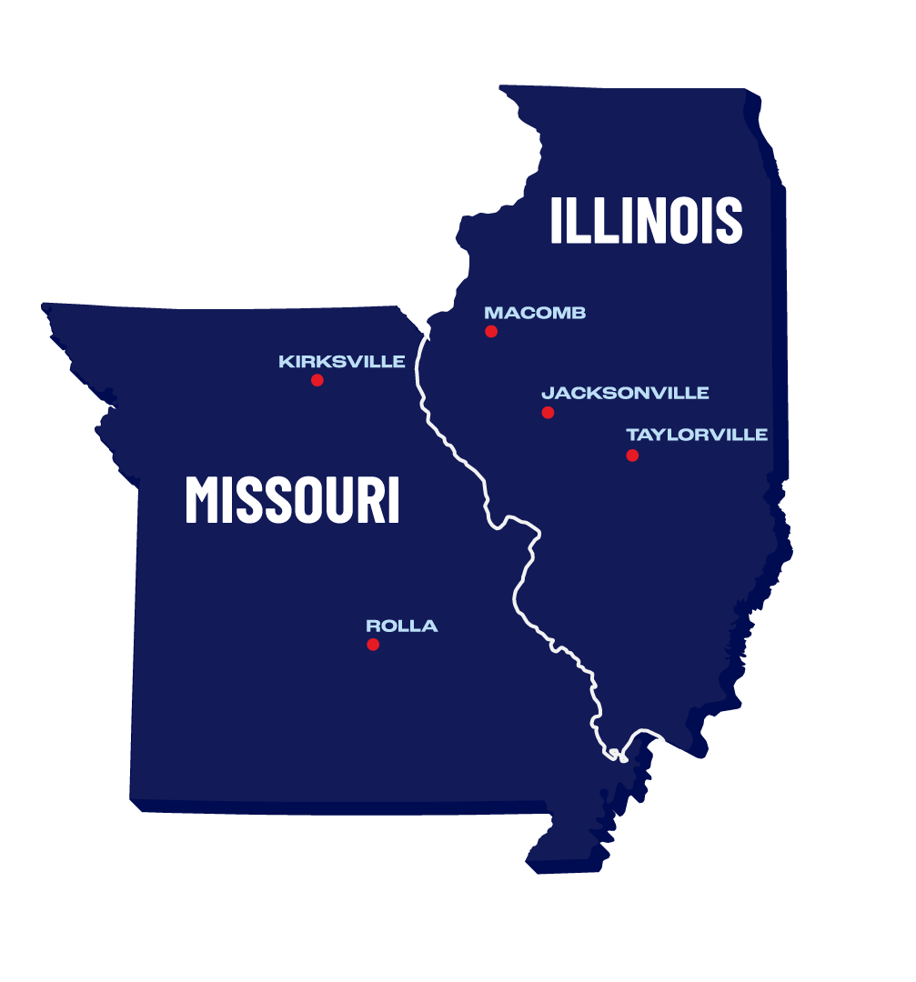 Illinois and Missouri map showing five office locations